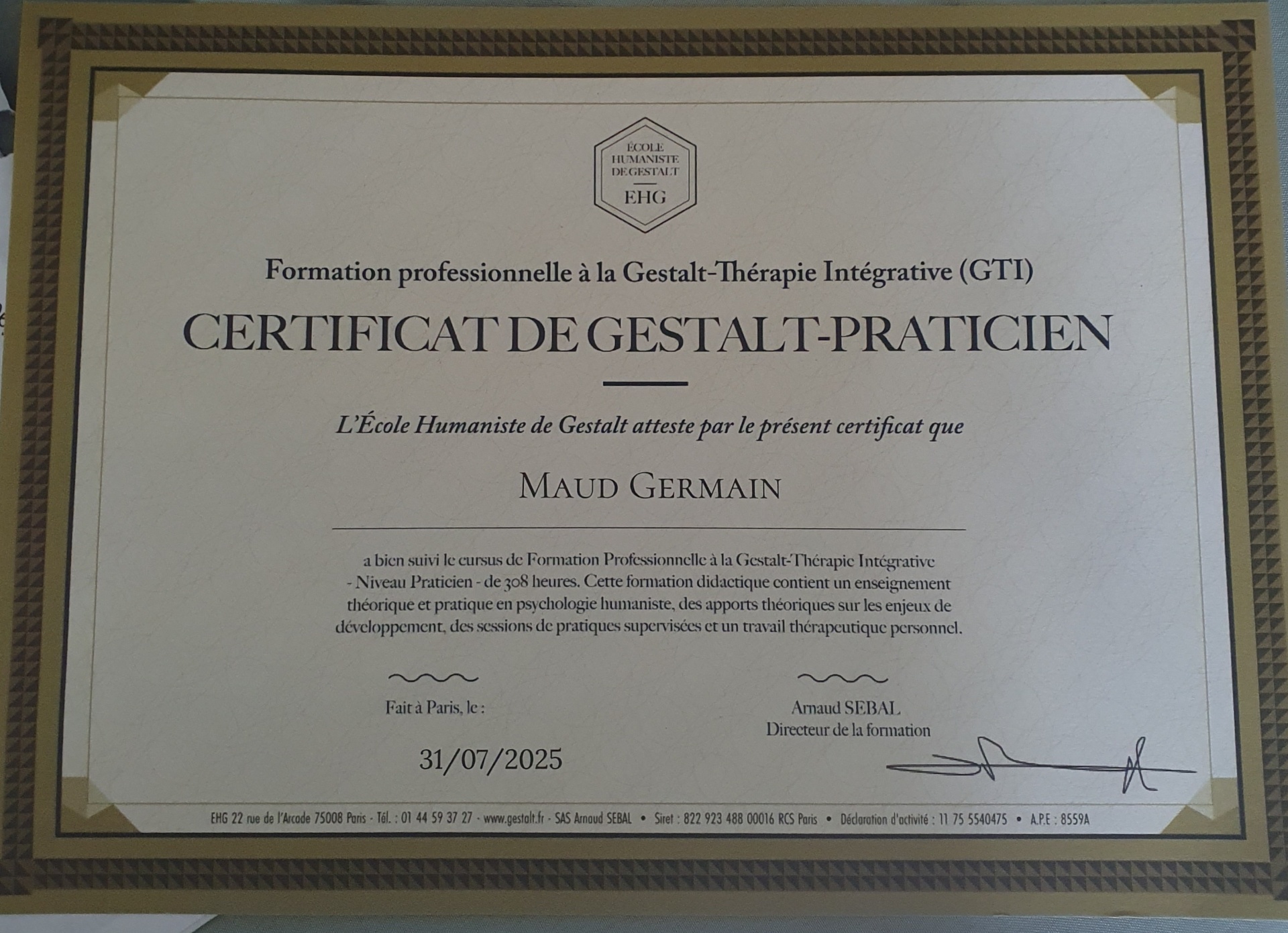 Certificat de Gestalt-Praticien de Maud Germain délivré par l'École Humaniste de Gestalt